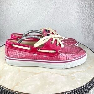Sperry Top Sider Shoes Womens 7 Pink Sequin Bahama Patent Nautical Boat Loafers